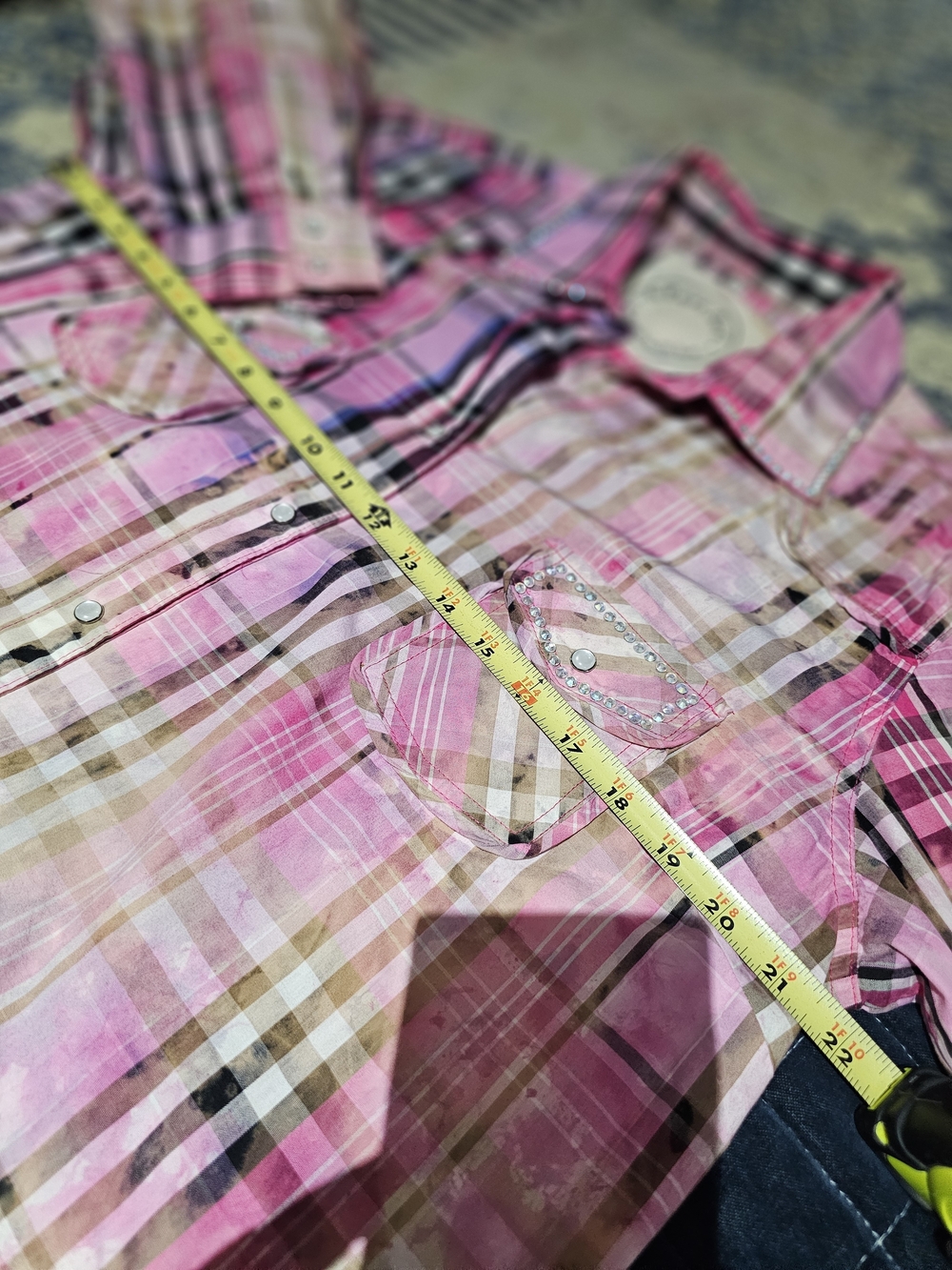 Women's Wester Cut Pink Plaid Pearl Snap-Front Shirt Dress With Crystal Accents - Picture 8 of 10